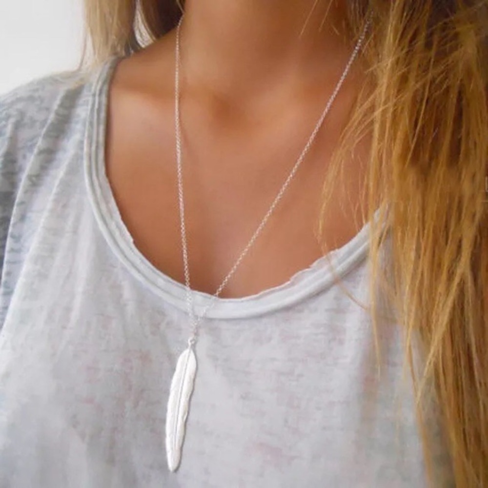 ‼️3/$30 Boho Silver Feather Long Chain Necklace